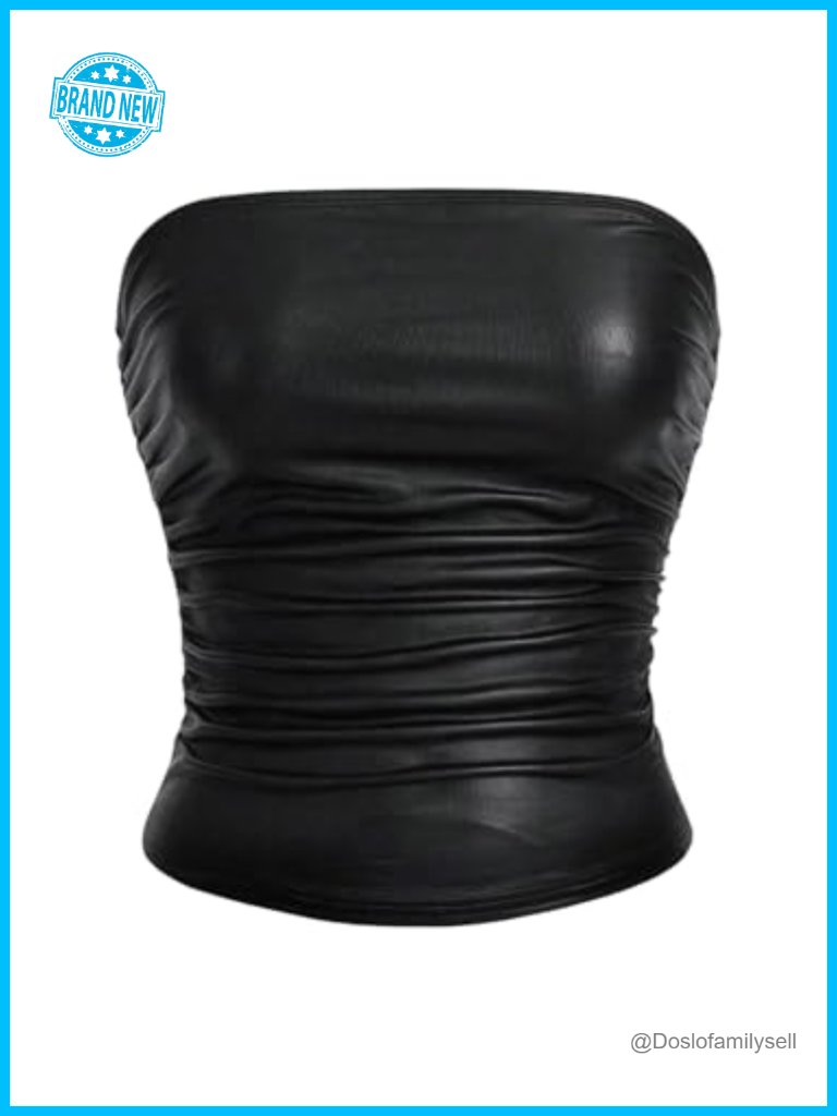 Pu Leather Strapless Bandeau Ruched Tube Top For Clubbing